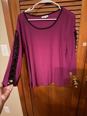 89th & Madison Plum Scoop-Neck Top with Black Lattice Sleeve Detail